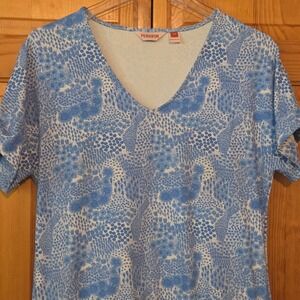 PERSiFOR Casual Short Sleeve V Neck Blue Floral Print Midi Dress Made in USA XS